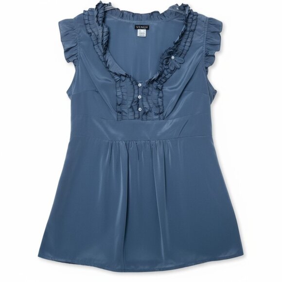 Venus Size 14 Blue Gray Metallic Ruffle Collar Short Cap Sleeve Top - Picture 3 of 10